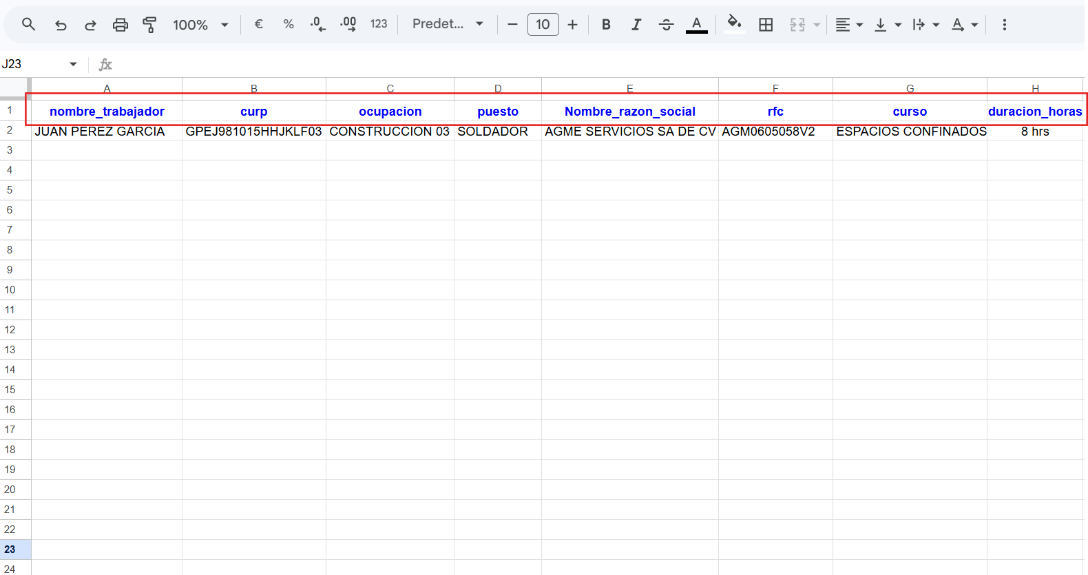 Ejemplo de Excel con datos de participantes para generar DC-3