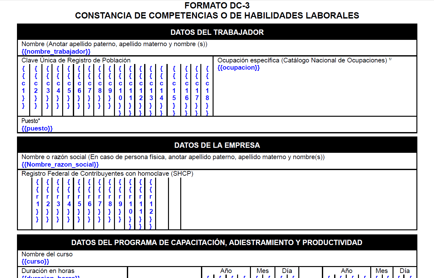 Ejemplo de plantilla DC-3 en Word con etiquetas dinámicas